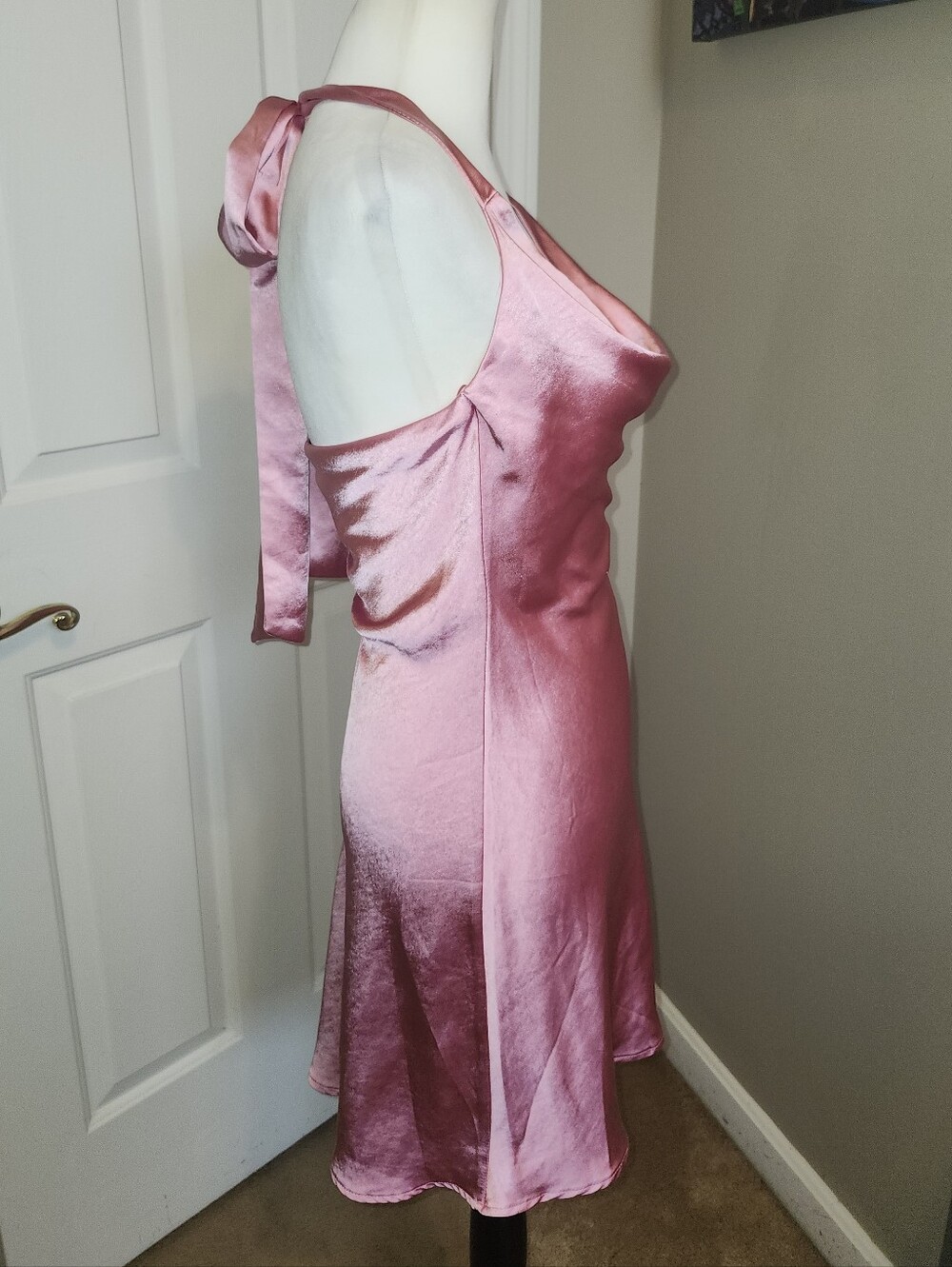 Altar'd State Pink Satin Cowl Neck W/ Tie Back Fit & Flare Mini Dress, XS - Picture 4 of 10